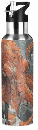 Niigeu Dessin Animé Pirate Poulpe Animal Bouteille d'eau Isotherme avec Paille en Acier Inoxydable Gourde, Sans BPA Gourdes Eau pour Enfant Sport Randonnée École Bureau (600ml/1L)