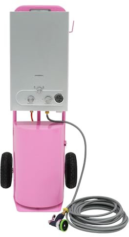 Portable Horse Shower With Steel Trolley Pink 18L Tankless Instant Hot Water Gas Boiler LPG Heater 10m Water Hose & 9-Pattern Spray Gun Camping Outdoor 10 Tyres Storage Tray Side Hook & Accessories