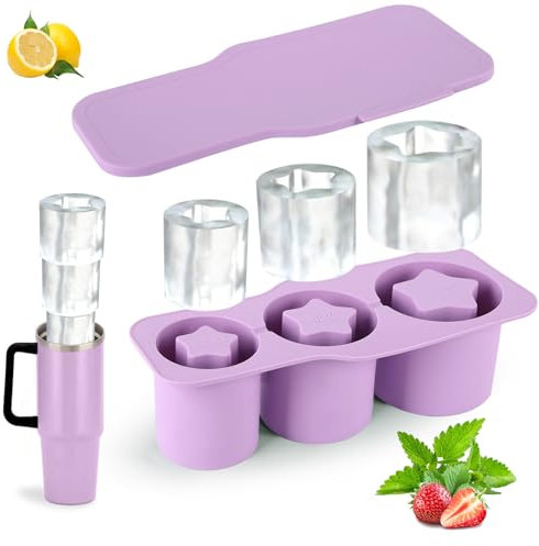 Eiswürfelform Silikon für Stanley Cup Zubehör, 3 Fach Thermobecher Eiswürfelbehälter mit Deckel, BPA Frei, für 20oz 30oz 40oz Tumbler, Cocktails, Whiskey, Getränke, Kaffee (Lila)