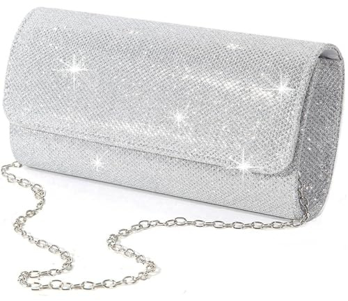 Ezranova Silberne Clutch, Clutch, Taschen für Damen, Abendtaschen für Frauen, silberne Mini-Kette, Crossbody-Tasche mit Pailletten für Hochzeit, Party, Freizeit, Date