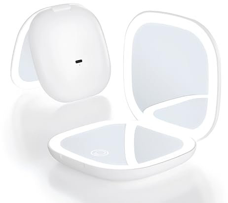 HENKi Taschenspiegel, LED Reisespiegel mit Licht Spiegel Klein, Taschenspiegel mit Vergrößerung 1x/3x, Spiegel mit Beleuchtung Klein, Klappspiegel Schminkspiegel mit Licht (Stone White)