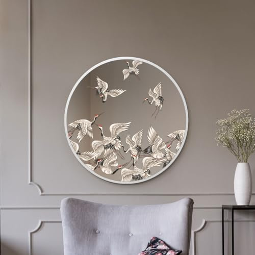 MirrorOutlet The Typis - White Metal Frame Edged Modern Round Circular Edge Wall Mirror With Colour Stork Printed Decal 31x31 (80CM X 80CM) Silver Mirror Glass with White Frame