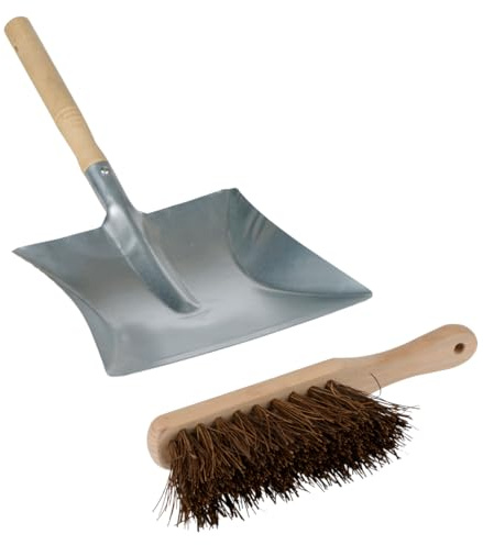 Kinzo Kehrschaufel und Bürste Set – Metallschaufel mit Holzgriff – Reinigungswerkzeuge für Innen und Außen – 2-teilig – Silber und Braun