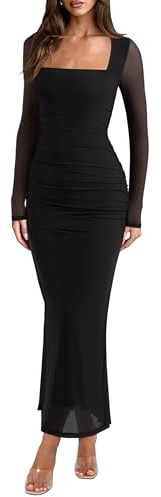 REORIA Long Sleeve Wedding Guest Maxi Dresses for Women Sheer Mesh Square Neck Ruched Bodycon Long Dress Fall Outfits