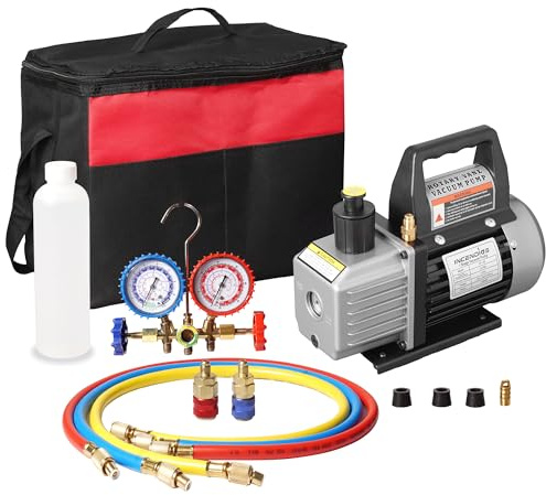 INCENDIOS 3 CFM 1/4 HP AC Vacuum Pump And Gauge Set, Single Stage HVAC Kit | for R12 R22 R134A R404A R407C R452A, Manifold Gauge Set, Charging Hoses, 330 Ml Oil Included