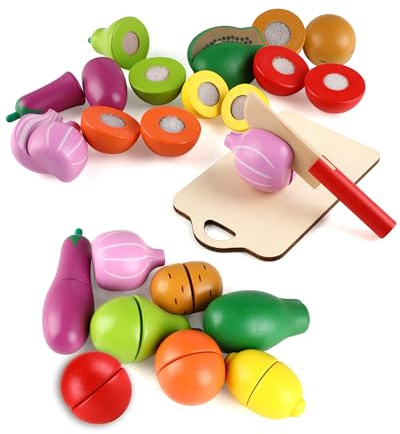Kinderküche Zubehör Holz – Spielküche Zubehör Holz mit Schneidbarem Obst & Gemüse, Kinder Küche Zubehör für Rollenspiele, Küchenzubehör Spielzeug für Jungen und Mädchen ab 2-3 Jahren