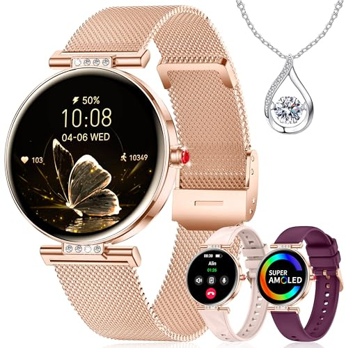 Smartwatch Donna 1.19'' AMOLDE Orologio Intelligente Donna con Chiamate Bluetooth/Notifiche WhatsApp/Sonno SpO2 Frequenza Cardiaca, 120+ Modalità Sportive Contapassi Smartwatch, Oro Rosa/3 Cinturino