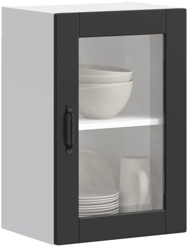 Mandloder Küchen-Hängeschrank mit Glastür Porto Schwarz, 40x31x60 cm, Holzwerkstoff, Wandmontage, viel Stauraum für Geschirr und Töpfe, pflegeleicht