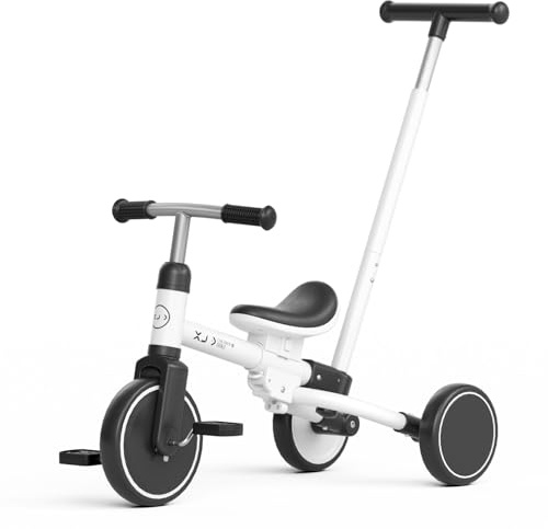 XJD Kleinkind Dreirad ab 1 2 3 Jahr, 5-in-1-Kleinkindfahrrad mit verstellbarem Schiebegriff, Laufrad, verstellbarem Sitz und abnehmbaren Pedalen, Geburtstagsgeschenk für Jungen und Mädchen (Weiß)