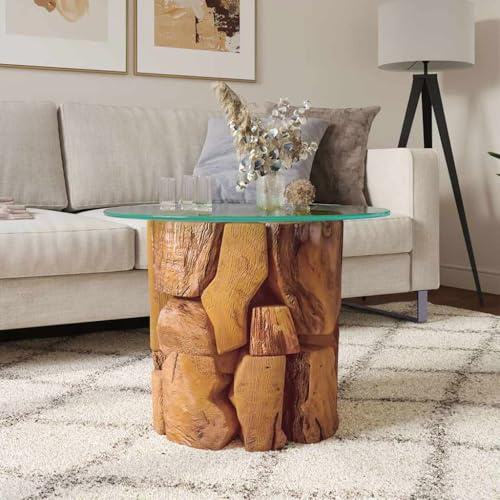 Mhdvray Table basse ronde 60 cm en teck massif flotté avec plateau en verre trempé 0,8 cm de hauteur rustique moderne pour salon, couloir, chambre à coucher