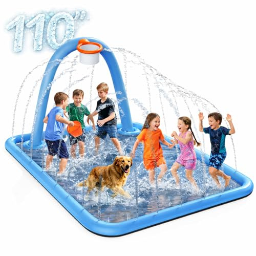 Octaplay Splash Pad für Kinder & Hunde, 279,9 cm großes Sprinkler-Pad, Wasserspielzeug mit Basketballkorb, verdickte, rutschfeste Spritzmatte, faltbares Spielbecken und Sommerspielzeug im Freien