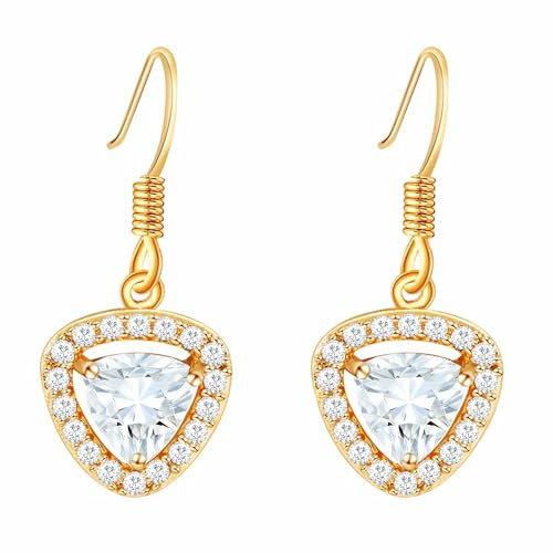 LÖB 750 Gold vergoldet Ohrringe Hängend Zirkonia Steine Dreieck Anhänger Damen Ohrhänger Tropfen Glitzer Modern Statement Hängeohrringe Elegant Kurz