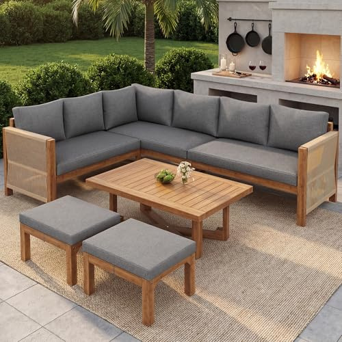 Jaxenor 7-8 Sitzer Gartenmöbel-Set aus Akazienholz, Lounge Möbel Outdoor mit Ecksofa, Modulare Outdoor Sofa Set mit 2 Hockern & Tisch, Garten Loungemöbel Set mit Kissen für Terrasse und Balkon, Grau