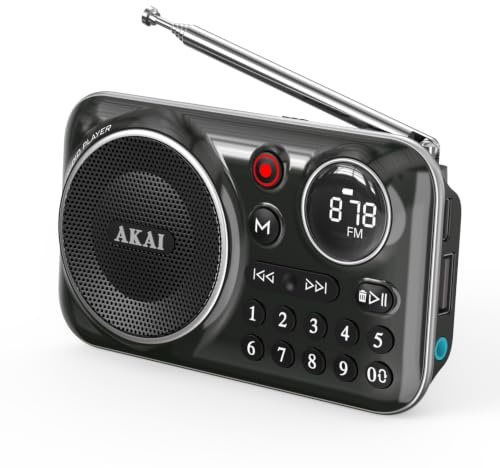 AKAI APR-500 tragbares FM Radio mit Bluetooth 5.3, USB & MicroSD MP3 Player, Aufnahmefunktion, Freisprechfunktion, Büro - Reisen - Camping, Akku Radio