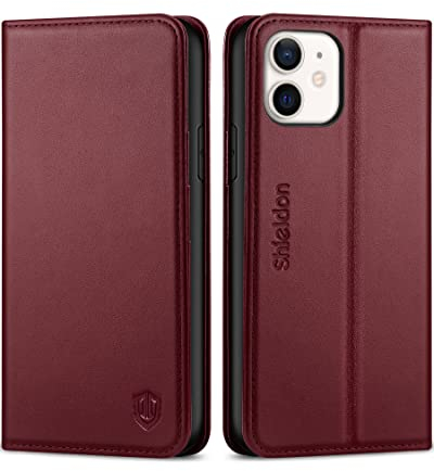 SHIELDON Hülle für iPhone 11, Stoßfeste Schutzhülle [RFID Blocker] [Erstklassiges Rindsleder], Lifetime Garantie, TPU Handyhülle [Kartenfach] [Magnet] Ständer Klapphülle Etui für iPhone 11 6,1 Weinrot