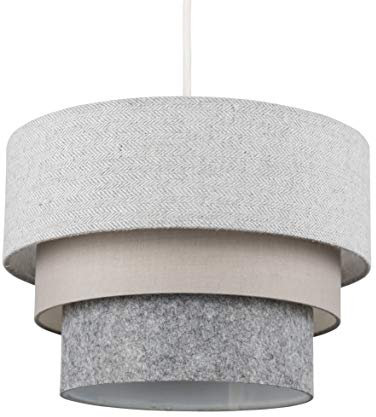 MiniSun | Round Modern 3 Tier Fabric Ceiling Pendant Light Shade in Herringbone | Pendant Lights, Home Décor & Improvement Essential | Includes 10W GLS Bulb | 300mm Shade Width