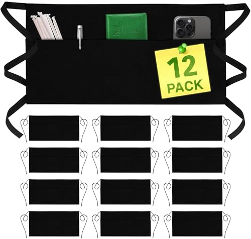 GREEN LIFESTYLE Server Aprons with 3 Pockets - Waist Apron, Waitress Apron for Women and Man, Water Resistant with Long Waist Strap Reinforced Seams, Half Apron (12 Pack - Black)