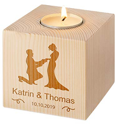 Teelichthalter aus Holz personalisiert - Kerzenständer - Ideales Hochzeitsgeschenk - EIN ganz besonderer Dekoartikel - Mit Gravur - Motiv Brautpaar