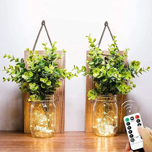 Appliques Rustiques, Fausses Plantes Vertes Suspendues Mason Jar Mur Lumière avec LED Bandes fonctionnant pour la décoration de Noël de Jardin à la Maison(Lot de 2) (Télécommande plante verte)