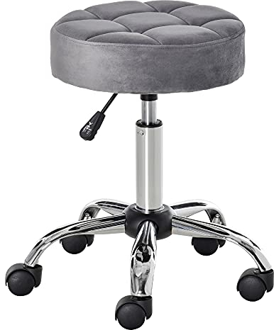 HOMCOM Salonstuhl mit Rädern Rollhocker höhenverstellbar drehbar Salon Hocker Samt-Touch Schaumstoff Chrom-Basis Hellgrau 35 x 35 x 49-61 cm