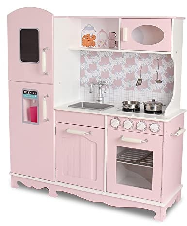 DEQUBE - Cocina de Madera 3 módulos diseño Vintage - Cocina de Juguete de Gran Capacidad de almacenaje - Contiene Accesorios metálicos para el Juego -Tamaño 91X30X102 cm - Color Rosa (913D00014)