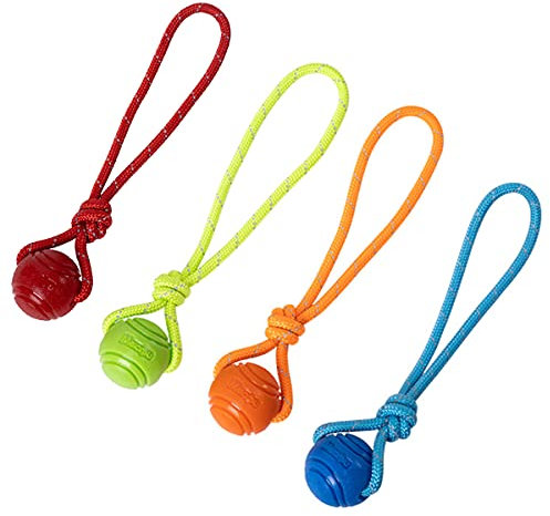 Vitalili Dog Training Ball on A Rope Rubber Dog Rope Toys Ball with Handle for Tug of War K9 Training Rewards for Belgian Malinois Gifts, 5cm in Diameter for Small Dogs 0-30 Lbs, Pack of 4