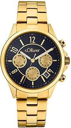s.Oliver Armbanduhr Damen Multifunktion Analog, mit Edelstahl Armband, Gold, 5 bar Wasserdicht, Multifunktion, Kommt in Uhren Geschenk Box, 2033555
