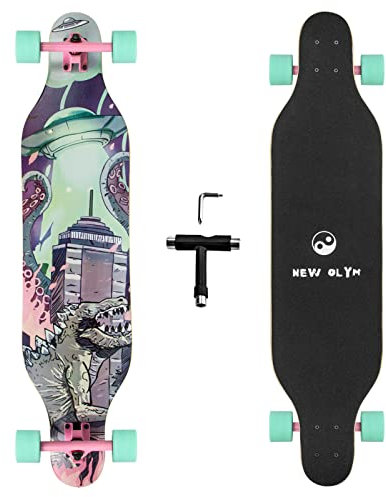 New Olym Longboard Skateboard, 41 Zoll 8 Schichten kanadischer Ahorn Drop Through Longboards für Jugendliche Anfänger (Dinosaurier)