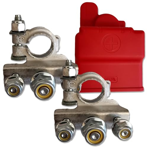 Impulse Innovation Batteriepolklemmen Set MTA M686DX | Plus & Minus | 3-Fach Anschluss M6/M8/M6 | 12 V/24 V Messing verzinnt | Mit roter Abdeckung | Auto, Boot, Wohnmobil, Solar
