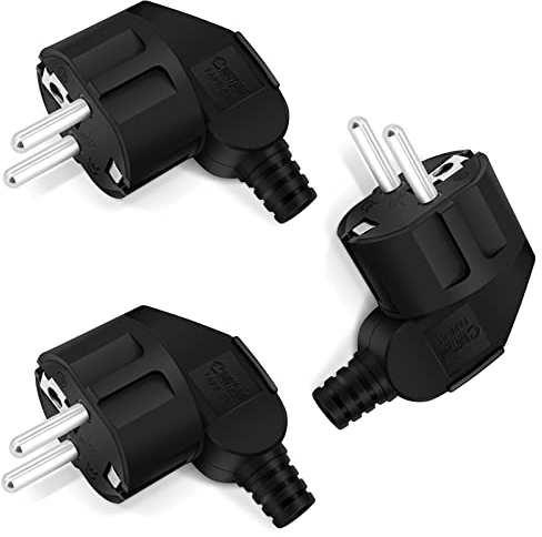 Schuko Stecker Winkelstecker 3 Stücke, Schutzkontakt-Stecker mit Knickschutztülle, Stecker 250V (16A), PABANCE Stromstecker Winkelstecker Aussen Wasserdicht, für 8-10mm Kabel, Schwarz