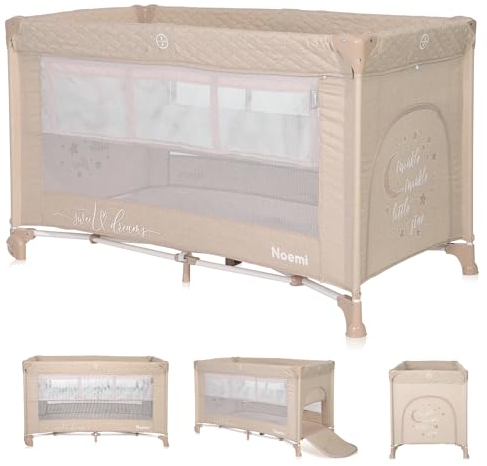 Lorelli 2in1 Babybett und Laufstall Noemi 2 Ebenen mit Neugeborenen Einsatz und Seiteneingang, Kinderbett ab Geburt bis 15 kg, Baby Reisebett mit Rollen, faltbar inkl. Transporttasche, beige