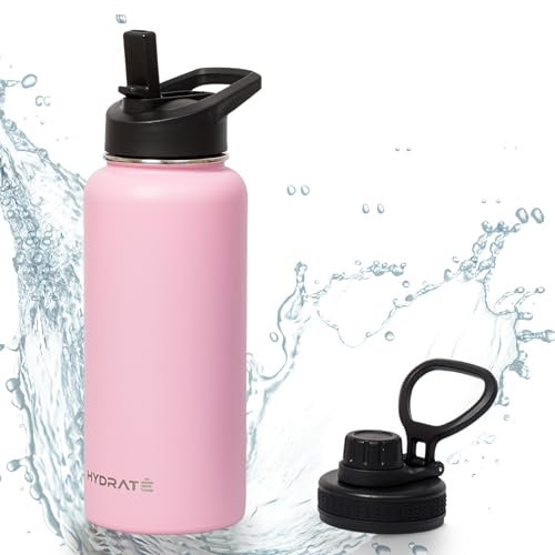 HYDRATE trinkflasche edelstahl - wasserflasche 1l - doppelwandige isolierte flasche - zwei deckel - trinkflasche mit strohhalm - silikonkunststoff - kirschblüten Set of 1