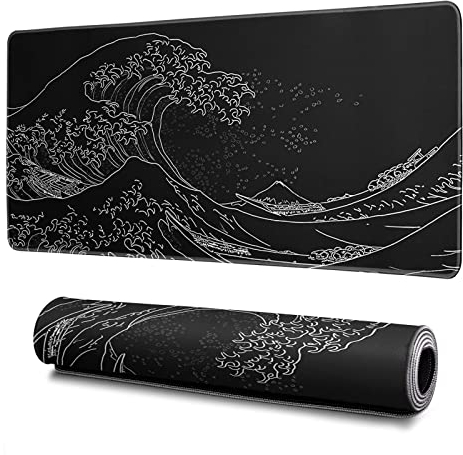 Tapis de souris de jeu japonais abstrait noir, 80 x 30 cm, texture vague de mer noire, base en caoutchouc antidérapant, grand tapis de souris océan à bords cousus, tapis de souris pour clavier pour