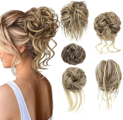 Fulang Hair 5/Pack Haarteil Mit Gummiband, Groß Dutt Haarteil, Gewellt Natürlich Kunsthaar Haargummi Damen Mit Haaren Hochsteckfrisuren Haarverlängerung, Messy Bun Haarteile (5 Stück/Packung) (12H24#)
