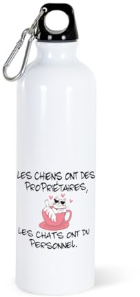 Gourde 750ml Chat Humour Bouteille d’Eau Aluminium Réutilisable Ecologique avec Bouchon Vissé Mousqueton. Idée Cadeau Original Amie Homme Femme Sport Voyage Gym Bureau Anniversaire Noël