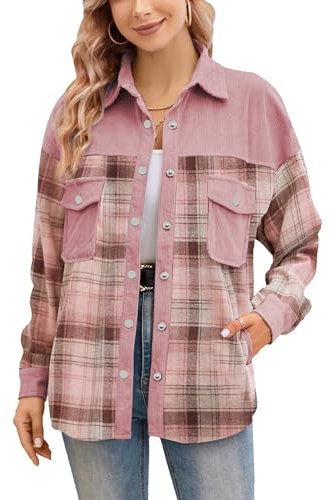 SANGTREE Chemise en velours côtelé à manches longues en flanelle à carreaux pour filles et femmes., Chemise en velours côtelé rose, Taille L