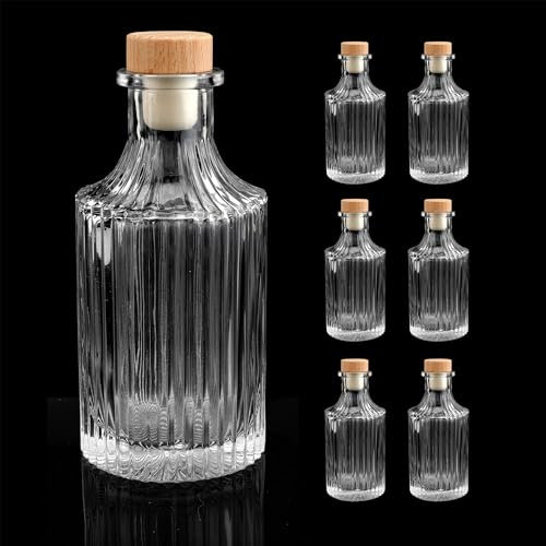 Clear Glass Bottles 8 oz - 250ml [Pack of 6] Heavy Base Glass Bottles with T-Top Cap for Wine Beverages Drinks Oil Vinegar Kombucha Beer Water Soda with Cork Stopper Airtight Lid (Stripe)