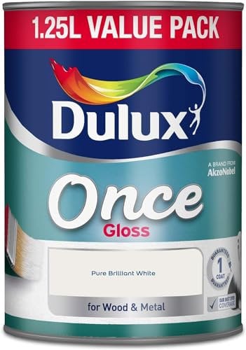 AMK® Dulux Once Gloss Paint Pure Brilliant White 1.25L One Coat Interior Wood Metal Finish No Undercoat Needed for Trim Skirting Doors Frames Radiators Durable High Sheen