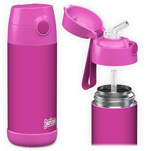 Jarlson® Charli Children's Stainless Steel Drinking Bottle with Straw - Thermos Flask 350 ml - TÜV Tested - BPA Free - Leak-Proof - Thermal Water Bottle for School, Nursery - Purple, 350 ml
