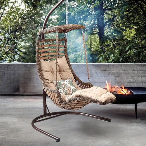 Alveon Hängesessel mit Gestell & Kissen Handgeflechtet Hängestuhl Rattan Hängematte Hängekorb Garten Balkonmöbel Hängeschaukel Alacati (Hellbraun)