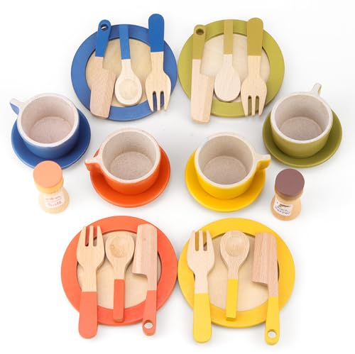 CHRI 26 piezas accesorios de cocina de madera para niños accesorios de cocina de juguete vajilla de madera para muñecas