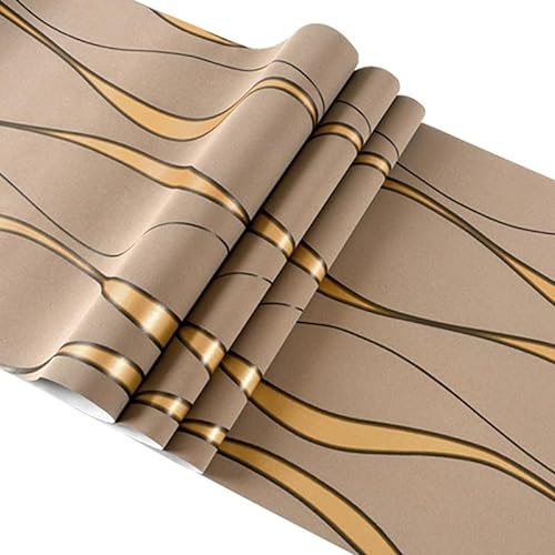 Snewvie Kaffee Tapete Vliestapete 1 Rolle 3D Modern Minimalistisch Wallpaper mit 3D-Wellen Leicht Glänzend Streifentapete Wanddekoration in Wohnzimmer, Schlafzimmer und Büro 0,53m x 9,5m
