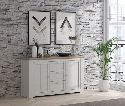 Forte ILOPPA Sideboard mit 3 Schubladen und 2 Türen, Holzwerkstoff, Snowy Eiche/Nelson Eiche, B x H x T: 160 x 92,5 x 44,3 cm