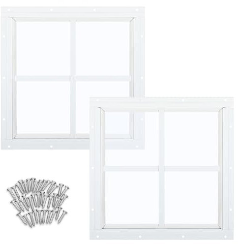 Tandefio Lot de 2 fenêtres d'abri de jardin blanches à montage encastré avec fenêtres en verre trempé avec embrasses pour poulailler, grange, maison de jeu (30,5 x 30,5 cm)