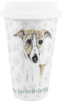 Purely Home World's Best Whippet Dog Ceramic Travel Mug - Novelty Gifts for Dog Mums - Reusable Silicone Lid Double-Walled Insulated Hot/Cold Drinks Tea Coffee Cup