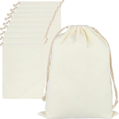 MOUYAT 10PCS Cotton Drawstring Bag, 40 x 30cm White Cotton Storage Bag with Drawstring, Large Laundry Bags, Reusable Dust Bags for Handbags, Vegetable