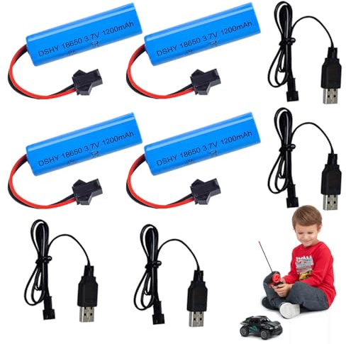 LYPPUL 18650 Akku 3,7v 1200mah, 4 Stück 3.7 Volt RC Akku Li-ion mit 4 USB Chargers SM-2P Plug, Li-ion Power Ersatz Akku, Wiederaufladbare RC Batterie für RC Fahrzeuge, RC-Autos, Panzer, Boote, Roboter