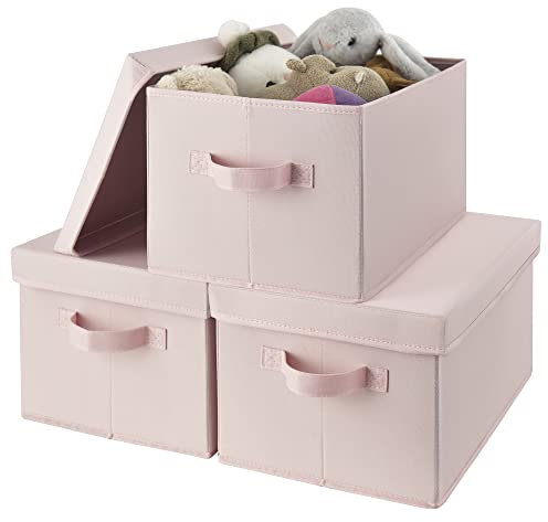 GRANNY SAYS Storage Boxes with Lids Pretty, Pack of 3 Clothes Storage Boxes for Wardrobe, Foldable Storage Box for Organising, Storage Basket with Label Holder, Pink Storage Boxes with Lids Fabric