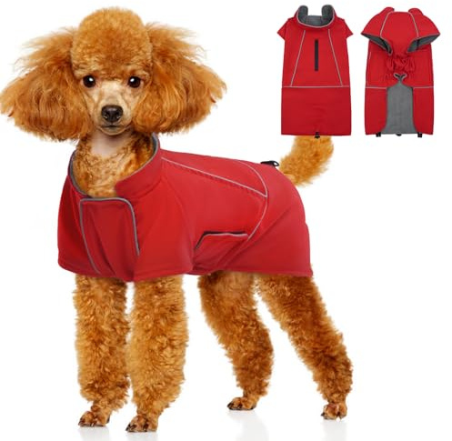 Katzinst Hundejacke Wasserdichter, Leichte & Fleece Hundemantel für Große Hunde, Hundejacke mit Reflektierender Streifen Hunderegenmantel Cheng Rot XL