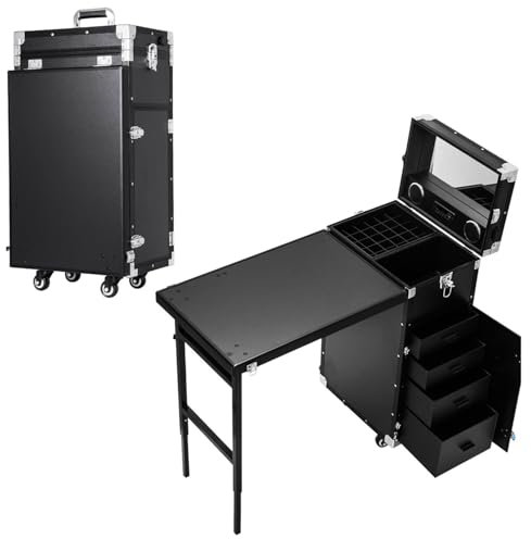 Portable Rolling Cosmetic Case, Foldable Manicure Table with Pull Bar, Built-in 6 Lights, Professional Cosmetics Beauty Storage Box with Drawers Mirror, for Makeup Artist, Beauty Salon, Home